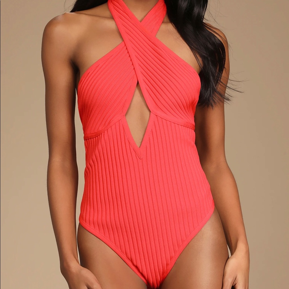 Lulus Coral Pink Ribbed Cutout Halter Bodysuit